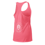 Redtorn Signature Logo Racerback Tank in coral with white logo, stretchy womens apparel