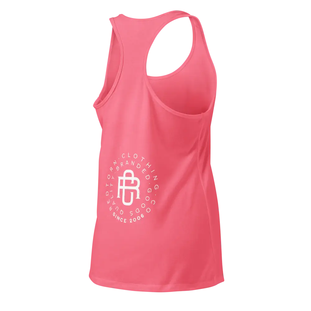 Redtorn Signature Logo Racerback Tank in coral with white logo, stretchy womens apparel