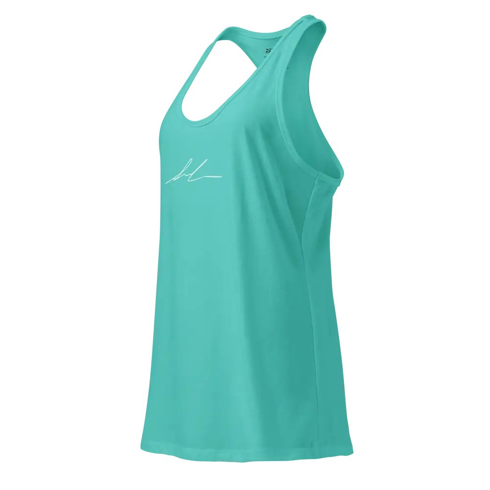 Turquoise womens racerback tank with white signature logo on front