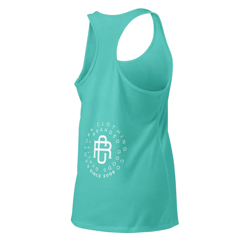 Mint green womens racerback tank with white signature logo design