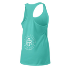Mint green womens racerback tank with white signature logo design