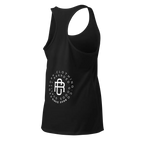 Women’s racerback tank with black fabric, white signature logo apparel design