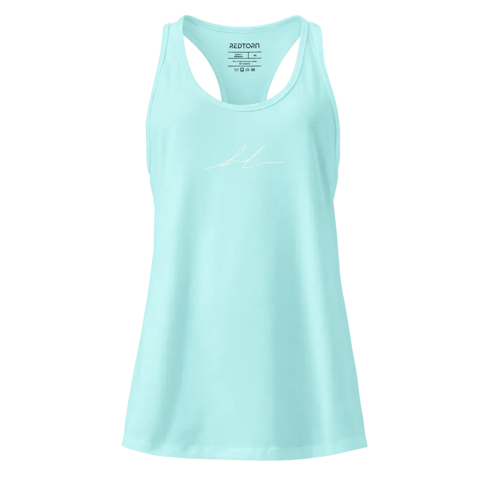 Light blue womens racerback tank with white trim and Redtorn signature logo