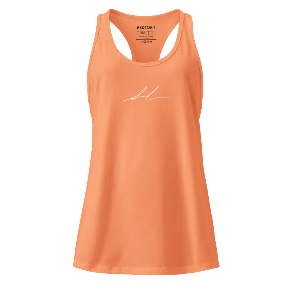 Womens racerback tank in orange with white signature logo and Fedotoff text