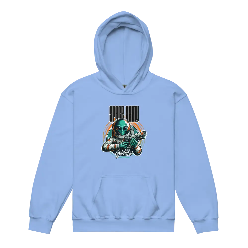 Light blue alien astronaut kids graphic hoodie with Space Jam text