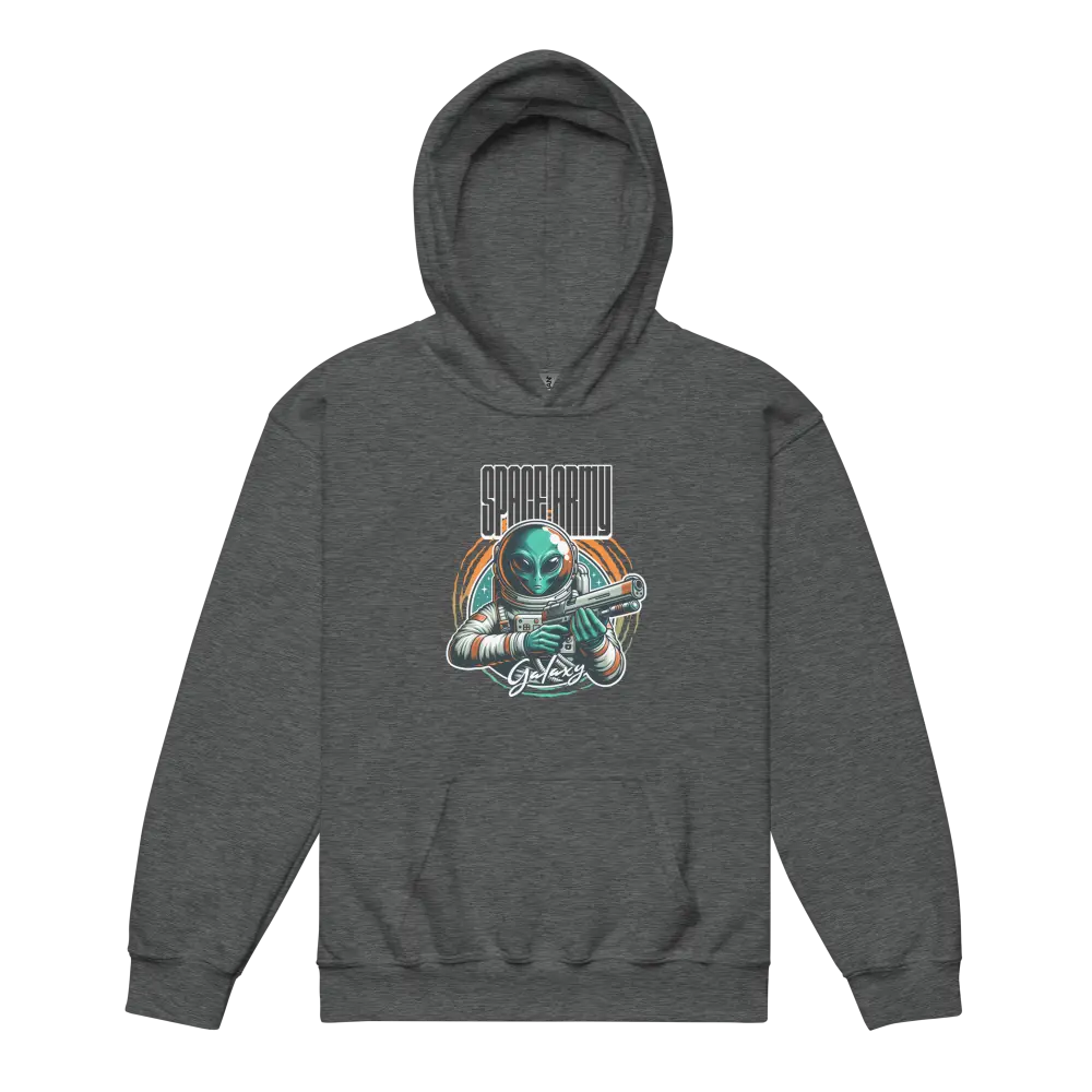 Charcoal gray alien astronaut kids graphic hoodie with squadron text