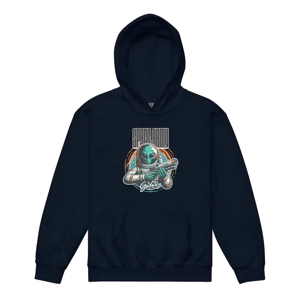 Navy blue alien astronaut kids graphic hoodie with space text