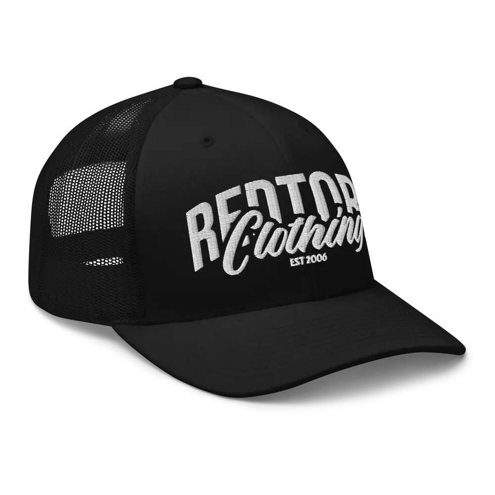 Redtorn embroidered logo mesh trucker cap in black with white text