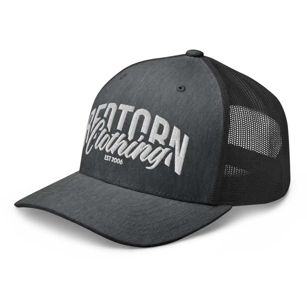 Black mesh trucker cap with white Redtorn embroidered logo, unisex headwear