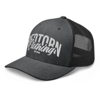 Black mesh trucker cap with white Redtorn embroidered logo, unisex headwear