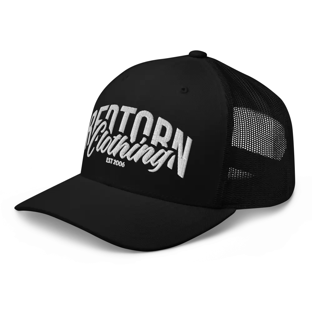 Black mesh trucker cap with white Retourn Clothing Est 2004 embroidered logo