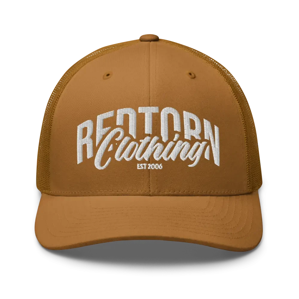 Tan mesh trucker cap with Redtorn embroidered logo and est 2006 in white