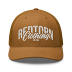 Tan mesh trucker cap with Redtorn embroidered logo and est 2006 in white