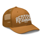 Mustard yellow mesh trucker cap with white Rentor logo and year, unisex headwear