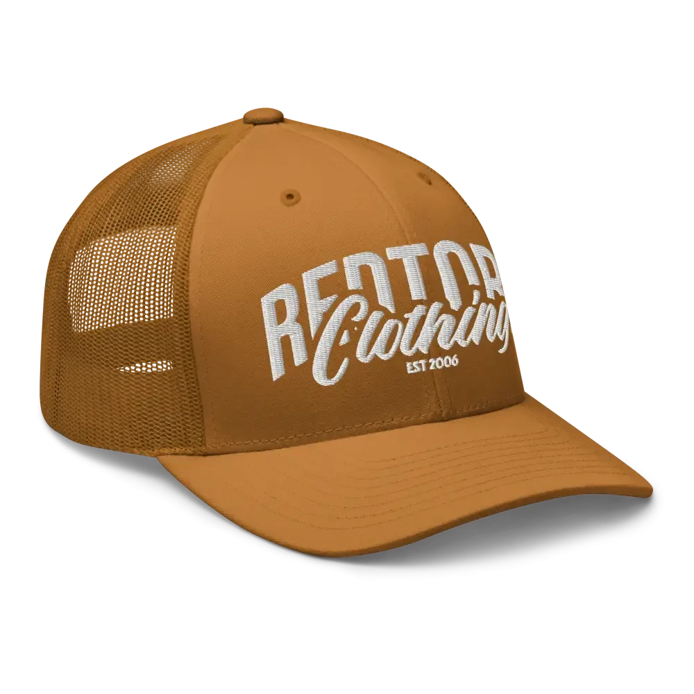 Mustard yellow mesh trucker cap with white Rentor logo and year, unisex headwear