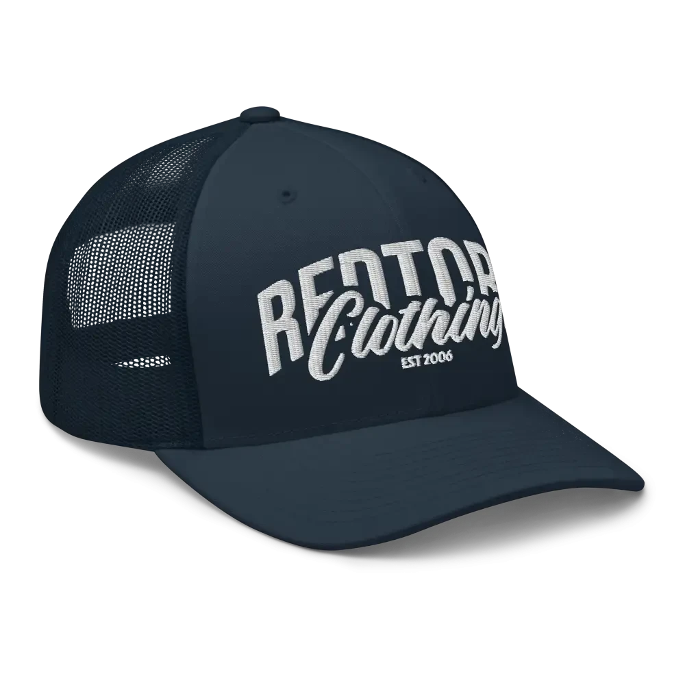 Navy blue Redtorn embroidered logo mesh trucker cap with white logo