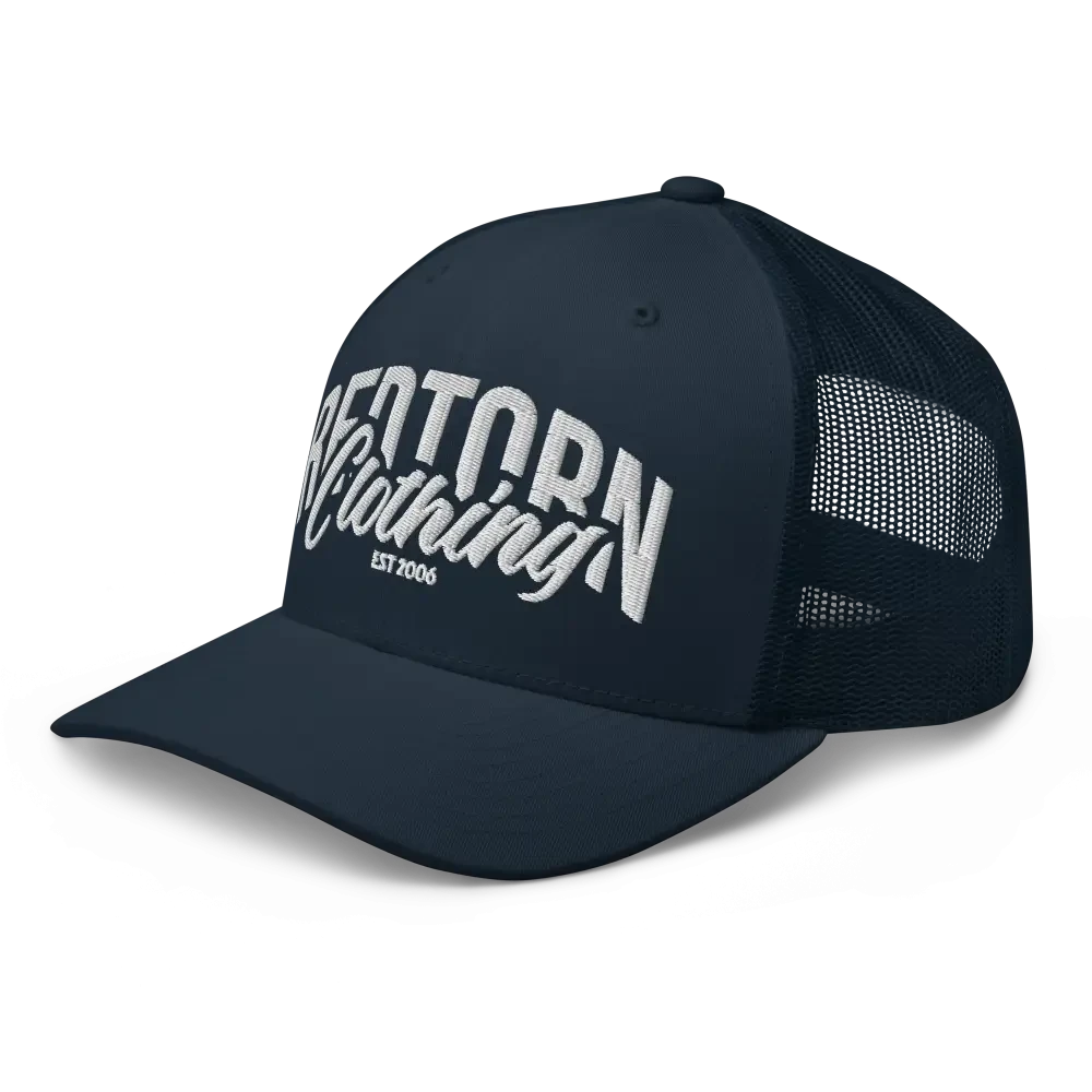 Navy blue mesh trucker cap with Redtorn embroidered logo and establishment year