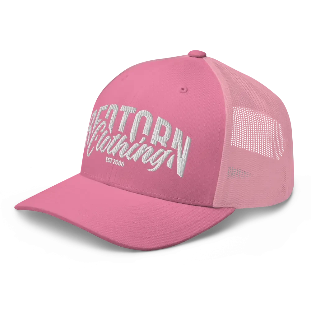 Pink Redtorn mesh trucker cap with embroidered torn clothing logo
