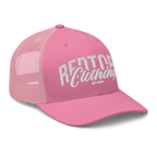 Pink Redtorn embroidered logo mesh trucker cap with white brim