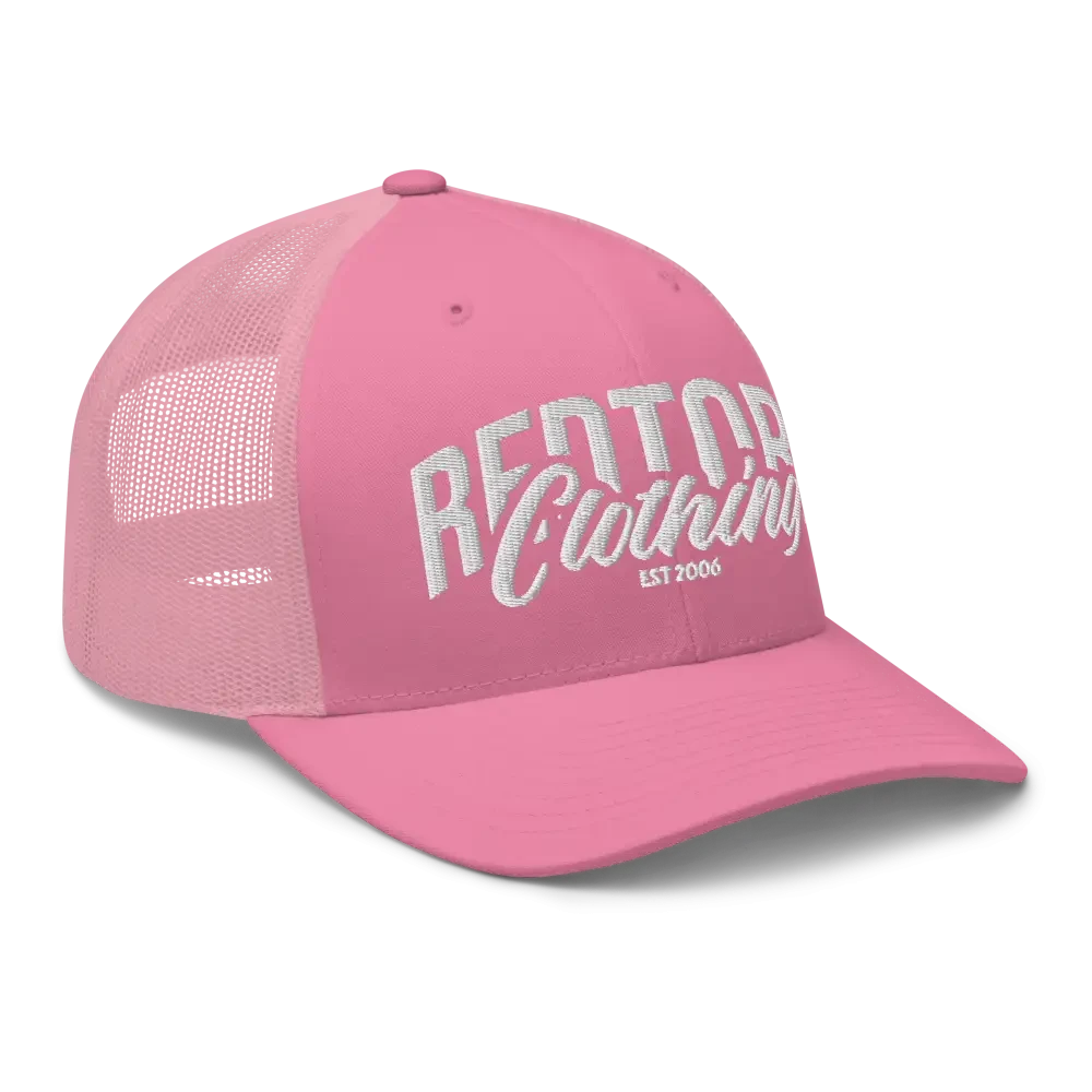 Pink Redtorn embroidered logo mesh trucker cap with white brim