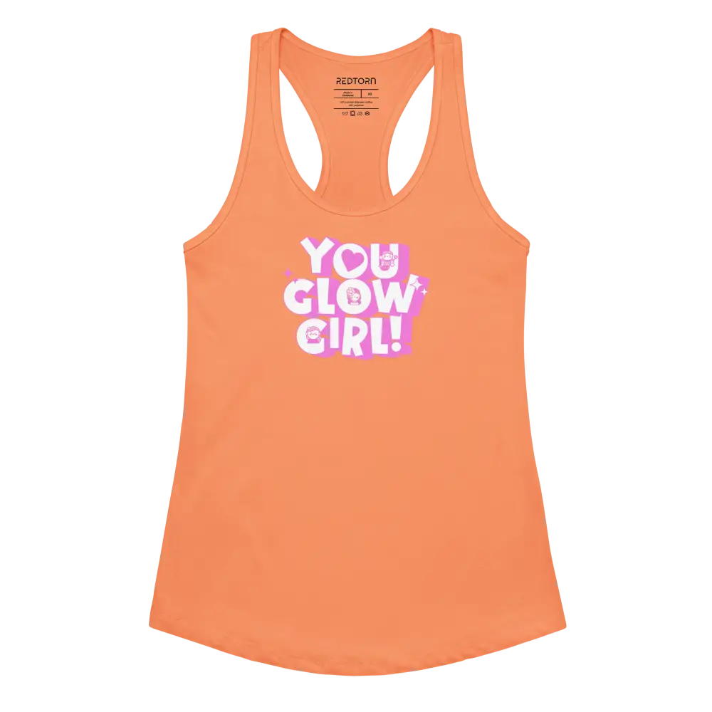 You glow girl racerback tank in neon orange with pink purple text