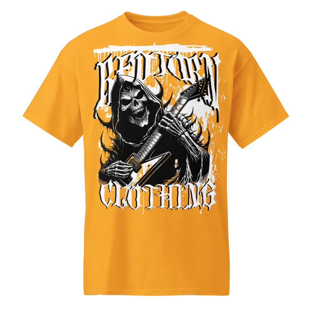 Gold Skull Guitar Grim Reaper Graphic Tee, Mens Rock Out Apparel