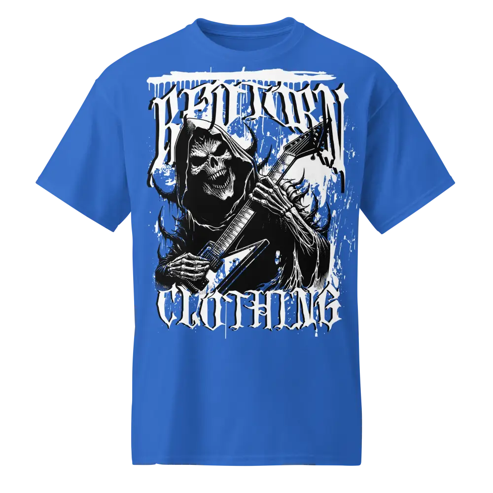 Royal blue Resurrection Clothing Skull Graphic Tee with grim reaper guitar design