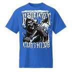 Royal blue Resurrection Clothing Skull Graphic Tee with grim reaper guitar design