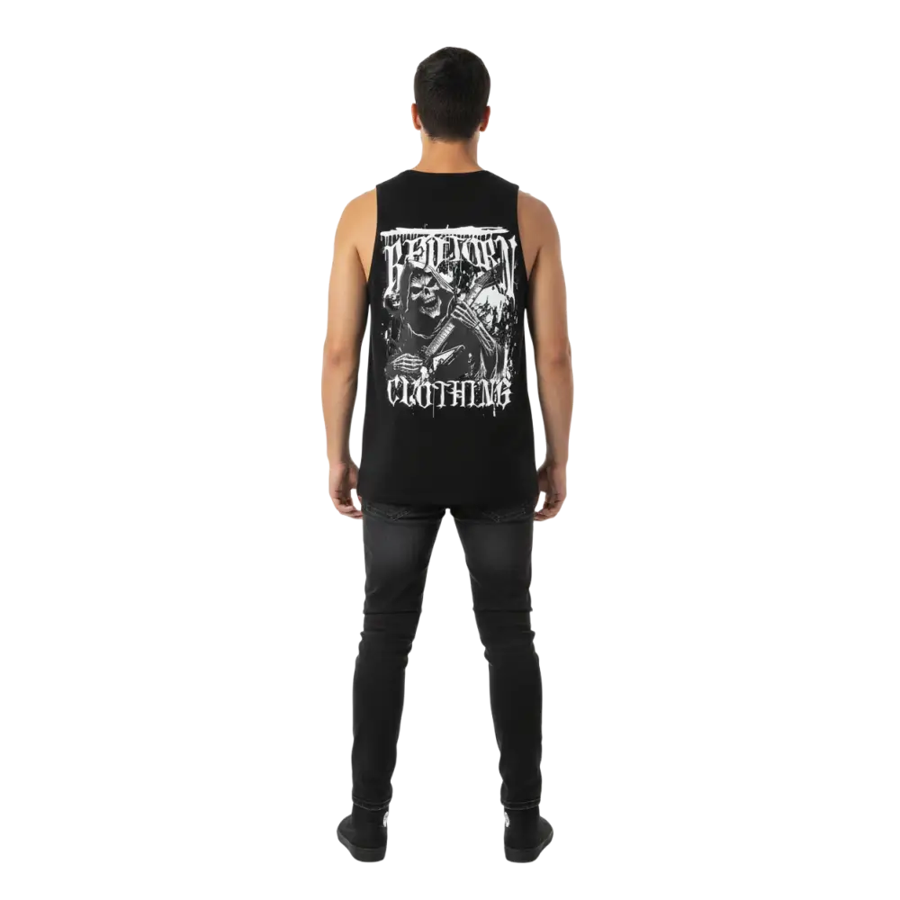 Mens premium tank top with grim reaper graphic holding instrument