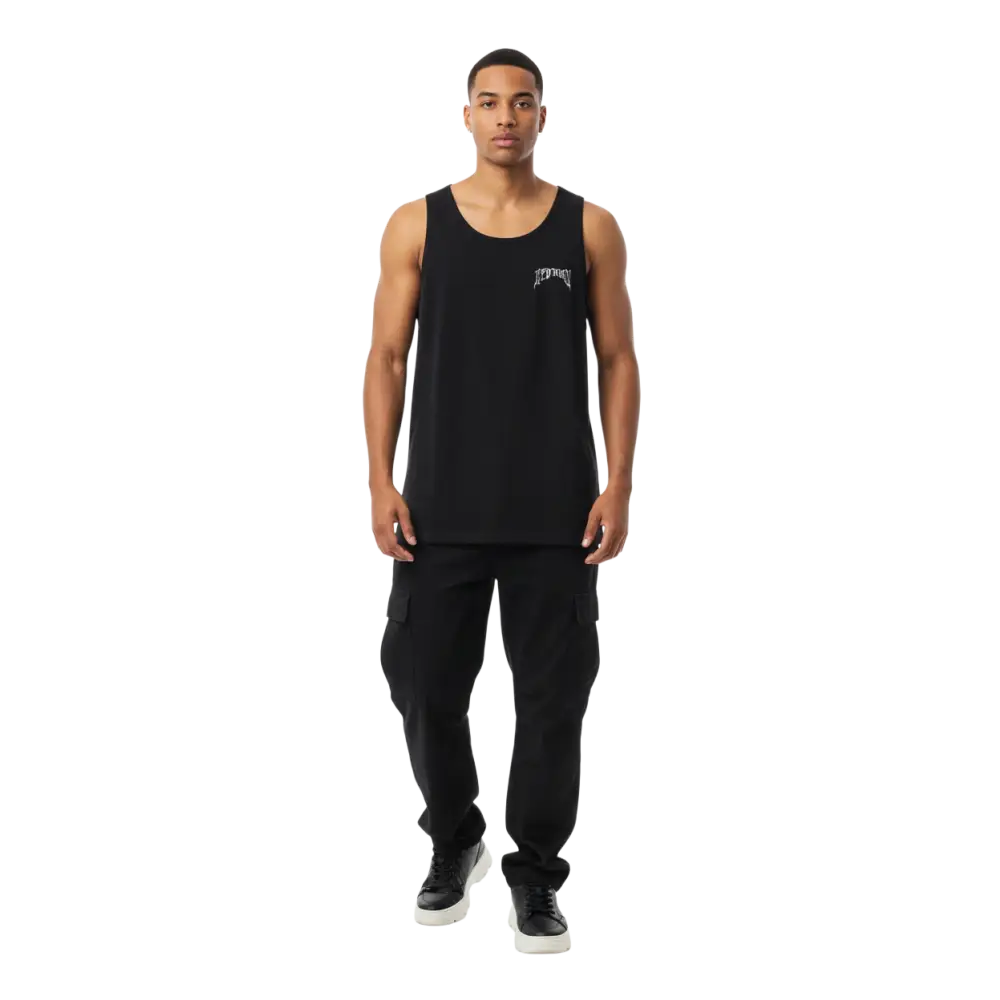 Black sleeveless mens premium tank top with grim reaper logo