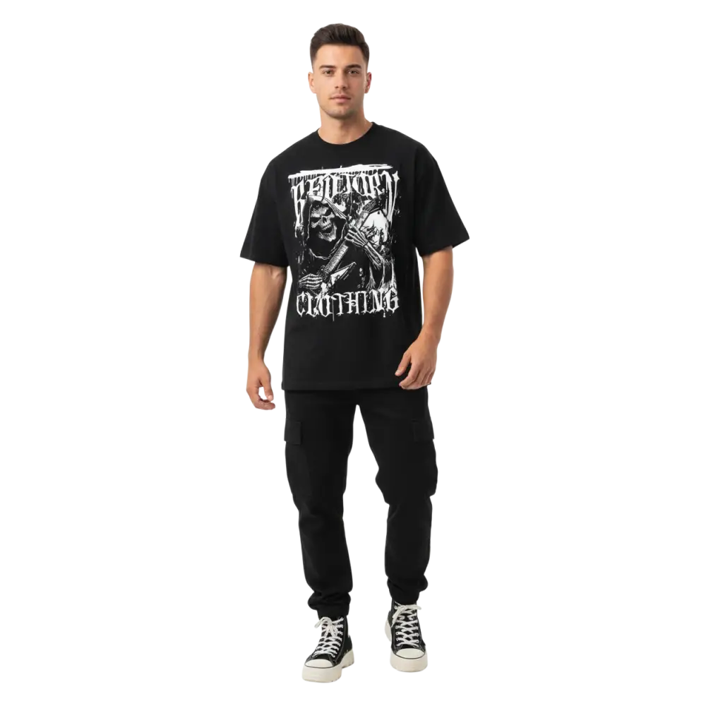 Black oversized grim reaper graphic tee for men with skull terror print