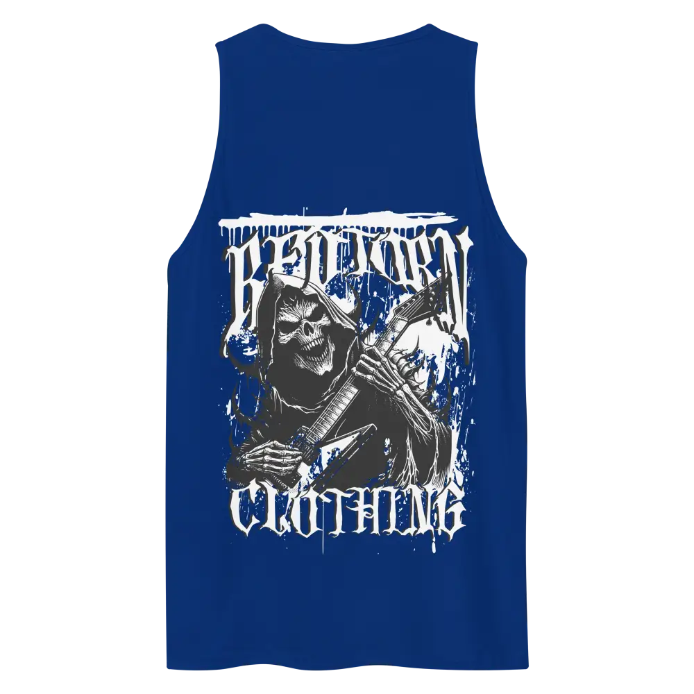 Royal blue mens premium tank top with grim reaper skull and Bastard Clothing text