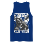 Royal blue mens premium tank top with grim reaper skull and Bastard Clothing text
