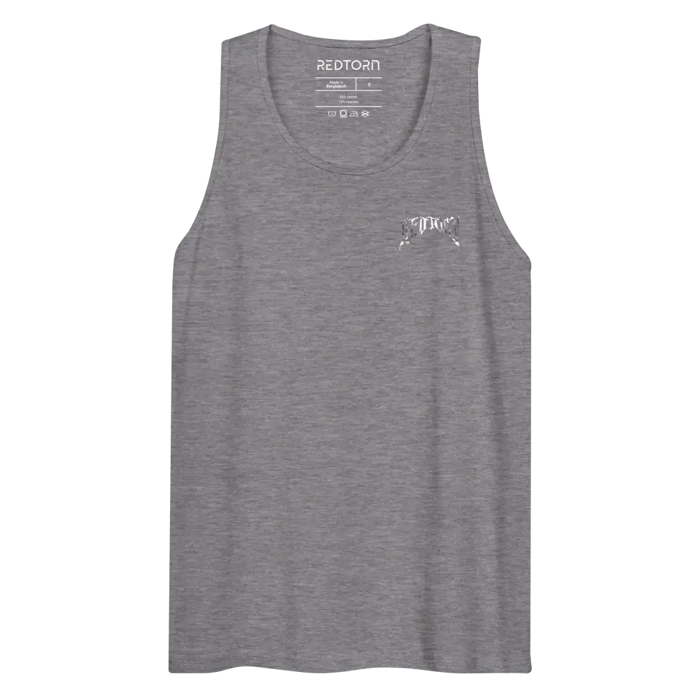 Heather gray mens premium tank top with grim reaper logo