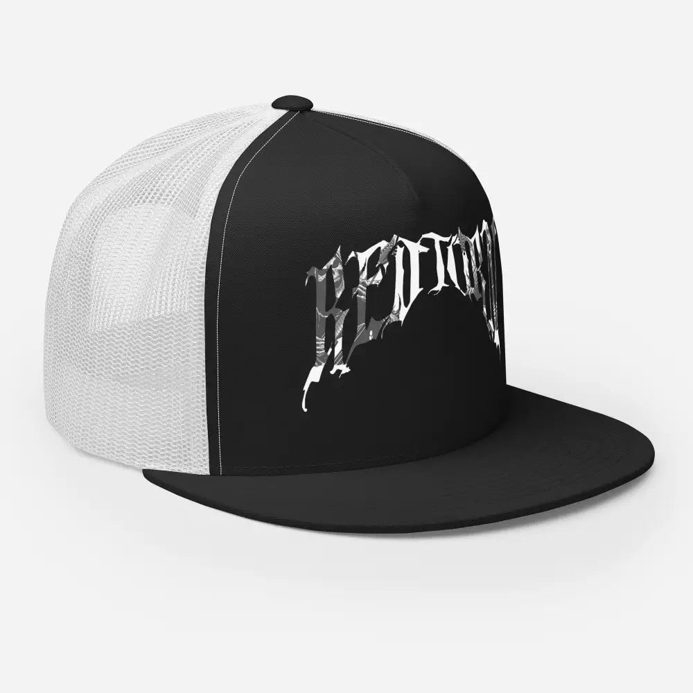 Black and white mesh trucker cap with gothic logo and Sedition text, unisex headwear