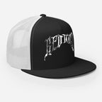 Black and white mesh trucker cap with gothic logo and Sedition text, unisex headwear