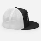 Black and white mesh trucker cap with silver gothic logo, unisex headwear