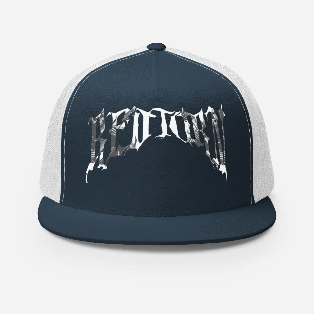 Navy blue and white mesh trucker cap with silver Beastcraft gothic logo