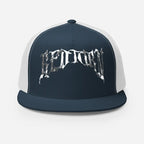 Navy blue and white mesh trucker cap with silver Beastcraft gothic logo