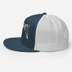 Navy blue and white mesh trucker cap with silver gothic logo, unisex headwear