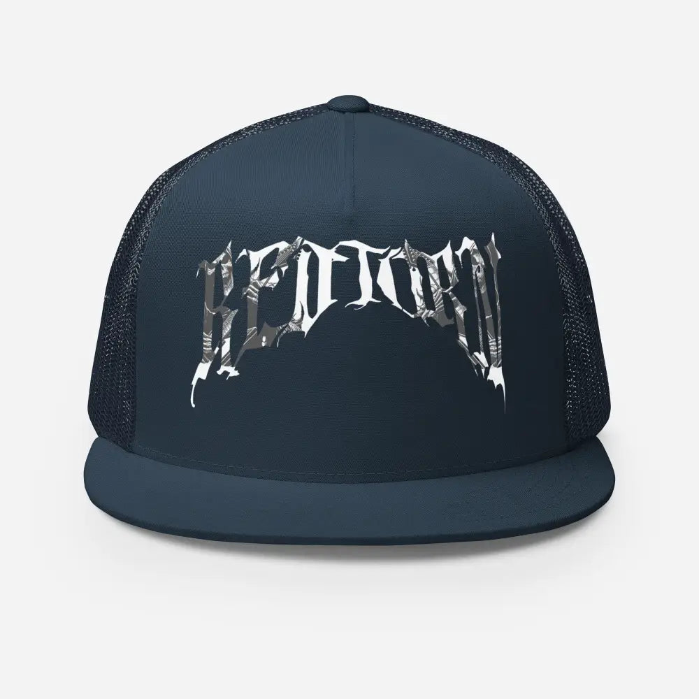 Reapers Gothic Logo black mesh trucker cap with white skull, unisex headwear