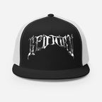 Black and white mesh Reapers Gothic Logo Trucker Cap with metallic silver sectomy emblem