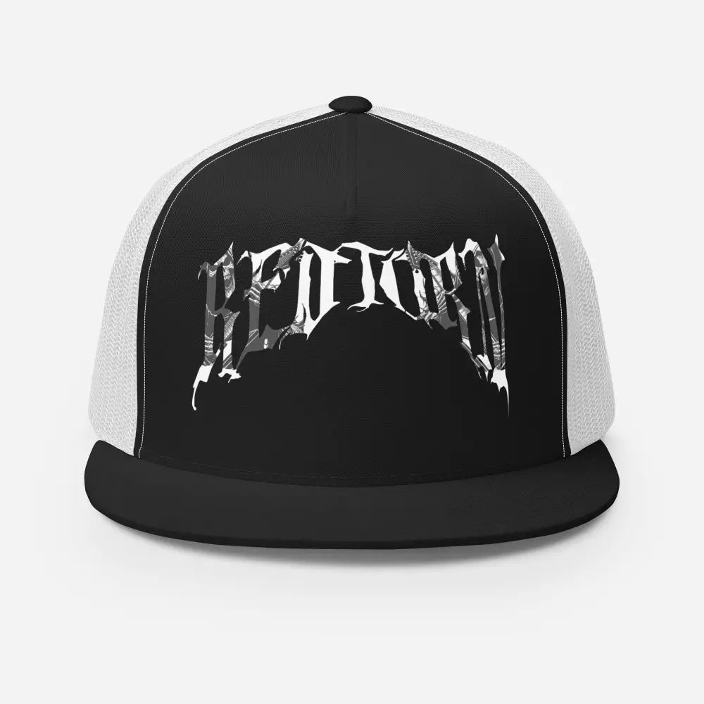 Black and white mesh Reapers Gothic Logo Trucker Cap with metallic silver sectomy emblem