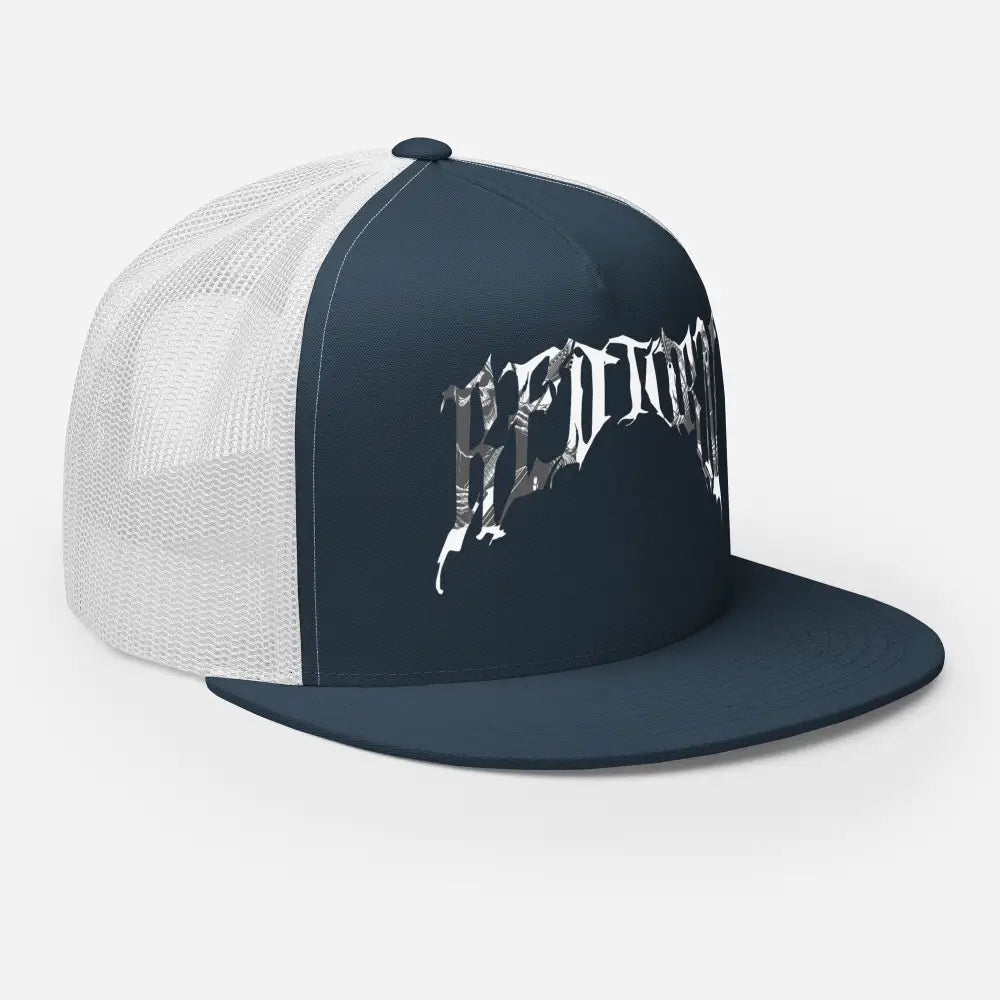Navy blue and white mesh trucker cap with silver gothic logo design