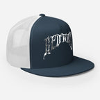 Navy blue and white mesh trucker cap with silver gothic logo design