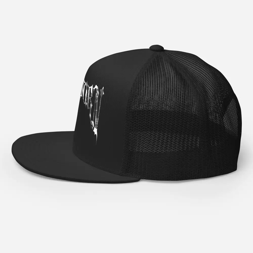 Reapers Gothic Logo Trucker Cap with black mesh and white skull design