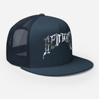 Black mesh trucker cap with silver gothic logo sedition design