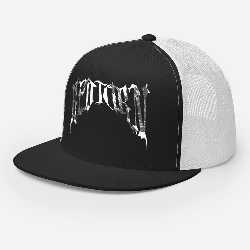 Black and white Reapers Gothic Logo Trucker Cap with mesh design