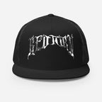 Black mesh trucker cap with white Bedtown gothic logo, unisex headwear