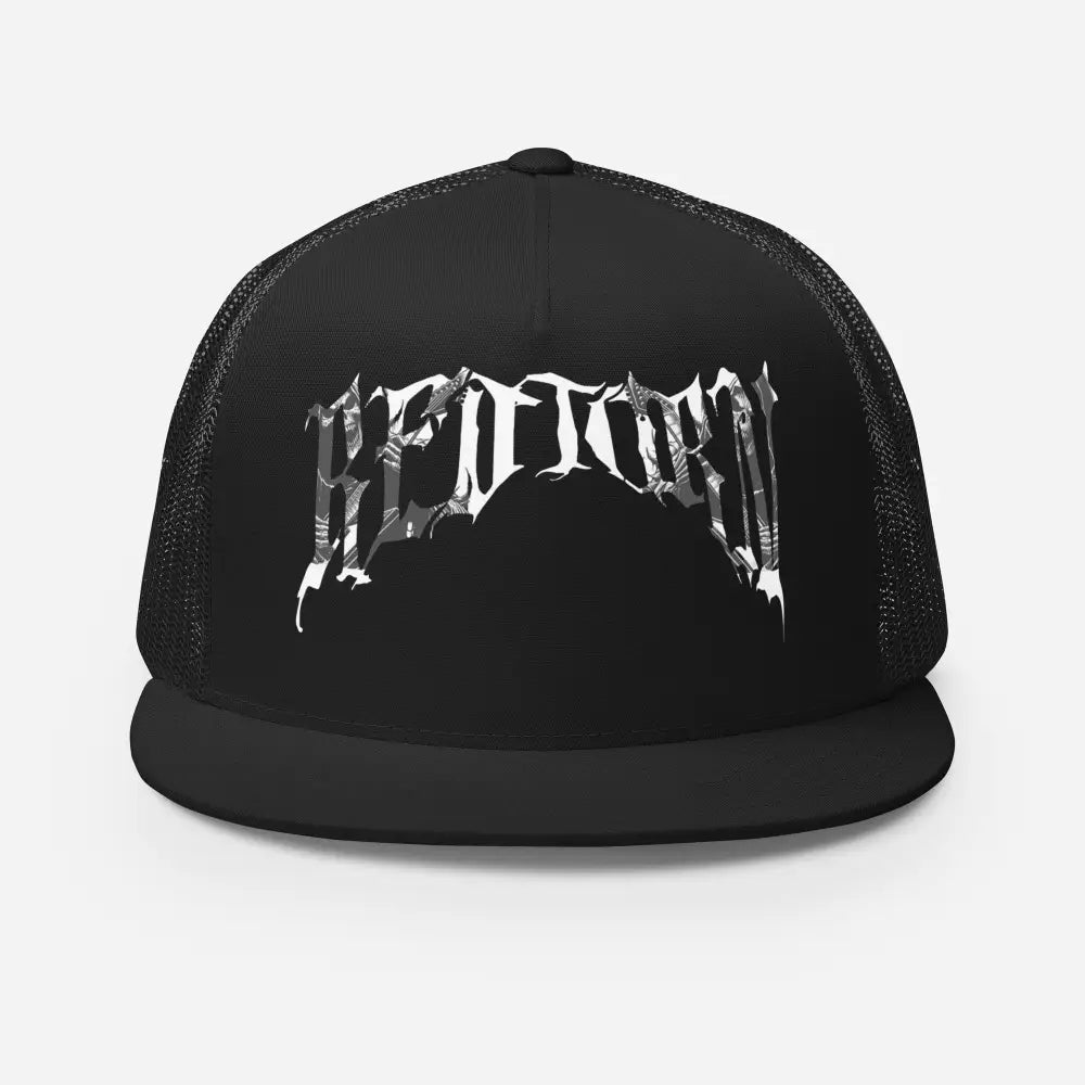 Black mesh trucker cap with white Bedtown gothic logo, unisex headwear